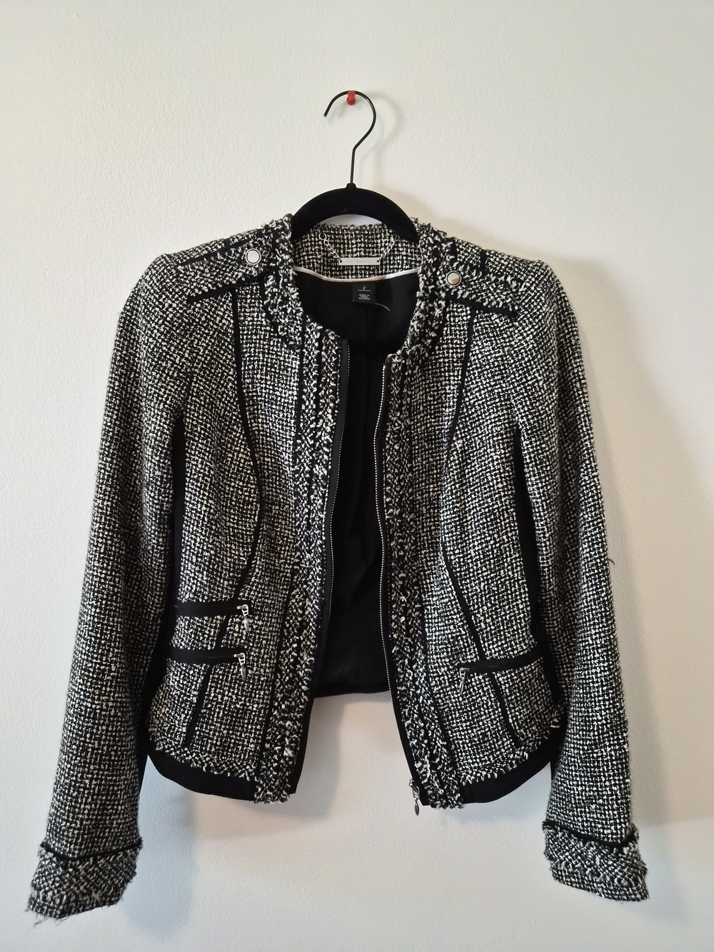 White House Black Market Black & White Tweed Zip-Up Jacket Size 2